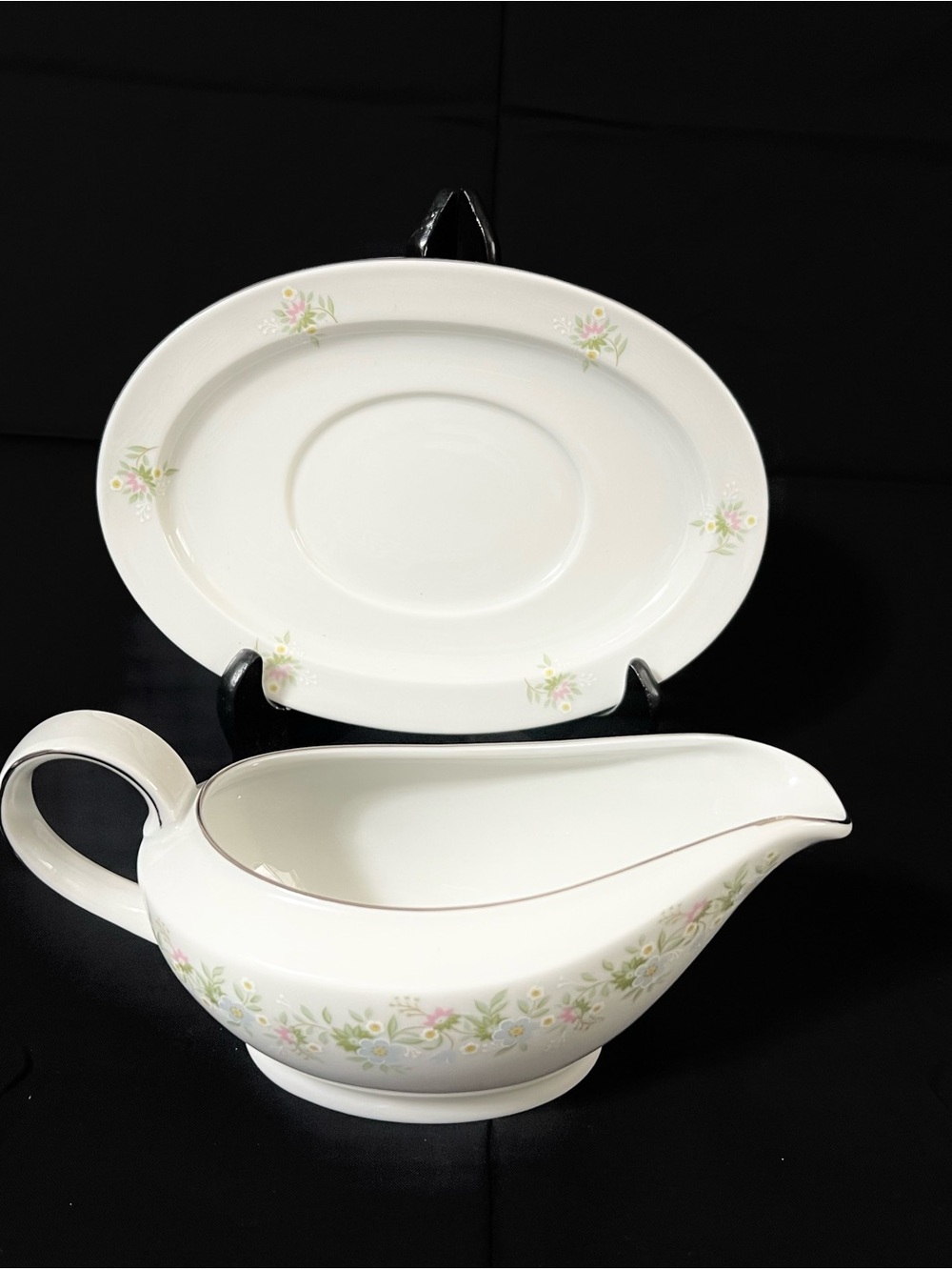 Haviland White Gravy Boat and Saucer with Pink and Green Floral Motif
